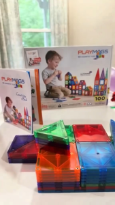 Playmags 100 Piece Set of Magnetic Tiles - Now with Stronger Magnets SturdySuper Durable with Vivid Clear Color Tile to Enhance Creativity