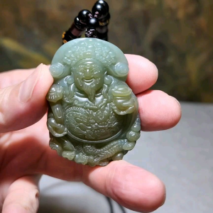 Premium natural Nephrite blue hue caramel brown light green Hundred Blessings God of Wealth Jade pendant (with certificate) 和田玉且末糖蓝调青白糖百福财神吊坠(带证书)