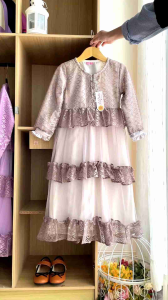 Gamis anak perempuan tosca grey ungu brokat tutu Adrienne Labella/ gaun pesta mewah anak perempuan/ dress kekinian lebaran