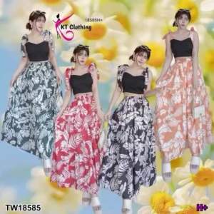 👗🌼 FF18585  Set 2 ชิ้น เสื้อครอป สายผูกไหล่ อกเสริมฟองน้ำ ผ้าไหมอิตาลี่ 🌵🌸