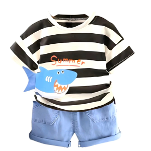 Setelan Kaos & Celana Jeans Anak Laki-Laki Motif Hiu dan Salur - Nyaman untuk Usia 1-5 Tahun