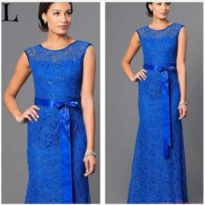 Blue Lace Long Evening Gown | Elegant Formal Dress with Ribbon | Large | US Imported (Preloved)