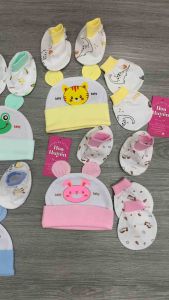 Bộ 5 món (mũ bao tay bao chân) Bé sơ sinh Mintuu Vải cotton 100% Mềm mại 4 màu (biển vàng hồng ngọc) 0-3 tháng