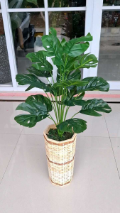 POHON MONSTERA ARTIFICIAL 18 DAUN DENGAN POT ROTAN BAMBU