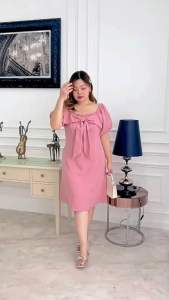 เดรสสาวอวบอ้วน โบว์อกสีชมพู/เบจ🎀