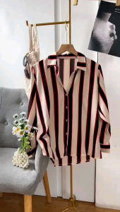 ●ECLAIRE● 043 Kemeja Bubble Lengan Panjang Longsleeves Motif Garis Salur Stripe Korea Kasual Kerja Import 693