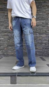 TPPJEANS กางเกงยีนส์ชายสีบลูฟอก ทรงกระบอกใหญ่ วินเทจ กระเป๋าข้าง งานตัดต่อขา เป้าซิป ผ้านิ่ม ใส่สบาย ชุดขนาด 28-36 รับชำระปลายทาง