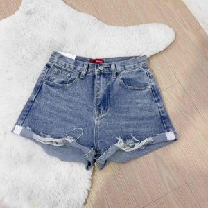 [พร้อมส่ง S-XL] Shopth777 กาเกง ยีนส์ขาสั้น เอวสูง แต่งขาดๆ สีฟอกเซอร์ ผ้านอก ไซส์ S-XL เอว 25-31 นิ้ว