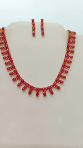 ชุดเซ็ตเครื่องประดับสร้อยคอและต่างหูแบบสวยงามพลอยสีทับทิมล้วนหลังเบี้ยและทับทิมเจียร พลอยรูปไข่สลับกลม สร้อยคอยาว17นิ้ว ชุบทองไมครอน ราคาย่อมเยา