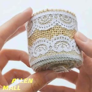 2m/roll 5cm Natural Jute Burlap With White Lace Rustic Vintage Wedding Decoration DIY Fabric Ribbons