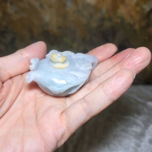 Premium Type A Jadeite light yellow light lavender light green hand carved Jade Teapot handheld home decor (with cert.) 精品翡翠淡绿淡紫浅黄福禄寿三色手工圆雕小茶壶把件摆件(把把胡 把把赢)(带证书)