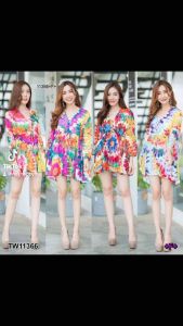 11366 Dress เดรสสั้นคอวีโอเวอร์ไซส์ แขนยาว เนื้อผ้าสปันลายมัดย้อม เอวรูดผูกเชือก