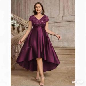 Plus V-Neck Lace Sequin Insert Contrast Satin High Low A-Line Hem Evening Party Formal Dress