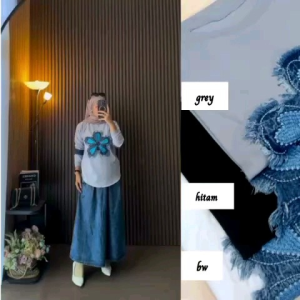 Setelan Rok Jeans Wanita Bahan Kaos Mix Soft Jeans Model Skirt/Set Rok Wanita/Stelan Wanita Kekinian 2025