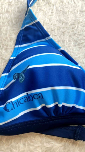 Chicaloca bikini top blue and white stripes halter neck bow tie butterfly print