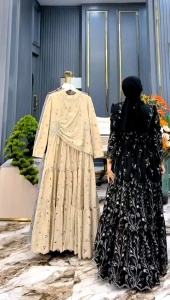 ZIFA FASHION || COD || AULIA SET HIJAB BY ASOPUROH || GAMIS KATUN BORDIR AKSEN PAYET SWAROVSKI MEWAH FREE PASHMINA TERBARU || GAMIS KATBOL MAYUNG KLOK BESTSELLER || LD 110CM PB 140CM SIAP KIRIM || *ST