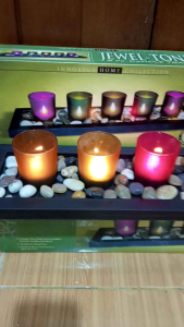 Lilin Gelas Kaca warna dekorasi set 5 warna lengkap gelas kaca dan holder lilin ornamen batu sungai