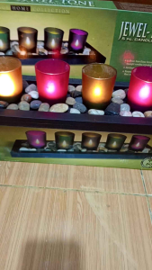 Tempat Lilin Holder Lilin 5 Candle Tray Tealight dari Kayu Include Batu Sungai 44 x 13 x 2 cm