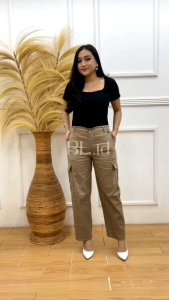 Celana Cargo Wanita Haighwaist Loose Pants - Kulot Cargo Bahan Drill
