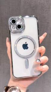 Luxury Bling Diamond Glitter Magnetic Charging Case for iPhone 11 12 13 14 15 16 Pro Max Plus Electroplated Transparent Silicon Soft Back Cover