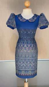 ชุดผ้าไทย ชุดลายไทย ชูฝูชุดออกงาน ชุดผ้าไหมงานตัด ผ้าไหมสีน้ำเงินกรม สินค้าพร้อมส่ง