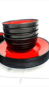 Paket Isi Satu Lusin Piring Ramen & Mangkok Ramen & Gelas Ramen Japanese Merah Hitam