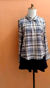 atasan blouse berkerah wanita PINKDOSE cewek L lengan panjang cute korean look coklat cream kotak