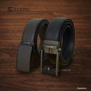 (SG) SCERO Mens Black/Brown Genuine Full Top Cowhide Leather Belt with Automatic Buckle - Durable for Office & Casual Wear