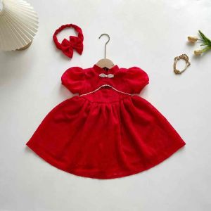 Váy Đỏ Ren Cổ Tàu Cho Bé Gái 4 - 18kg Tay Ngắn Xinh Xắn (V084)