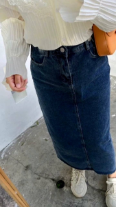 Rok Highwaist Theana Skirt Jeans Korean Style Wanita Denim Stretch Melar Standar Jumbo Maksi Span