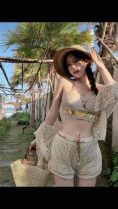 ชุดเซ็ต 3 ชิ้น เสื้อสายเดี่ยวถัก+กางเกงถักไหมพรม+เสื้อคลุม เสื้อใส่ไปทะเล Summer นี้ห้ามพลาด