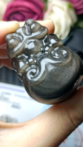 (Certificate) Premium Quality Silver Obsidian Pixiu Pendant/ Ornaments / Handle pieces（附证书）极品品质天然银曜石招财貔貅吊坠/摆件/手把件