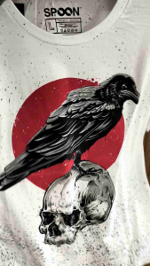 ATASAN KAOS SPOON MOTIF PUTIH SKULL AND BIRD