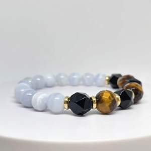 MEG Azure Noire Rhythm bracelet with Blue Lace Agate Black Onyx and Tigers Eye beads.