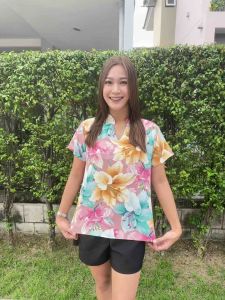 เสื้อคอจีนลายดอกผ้าไหมอิตาลี สวยๆ อก 40-50 นิ้ว