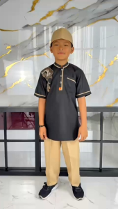 Agnina - Baju Koko Anak Laki Laki Setelan Usia 1-15 Tahun Model Kurta Motif Bordir Lengan Pendek