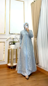 GAMIS ROMPI MISAH BAHAN TILE BROKAT MIX CERUTY FREE HIJAB-GAMIS WANITA MEWAH FULL FURING MODEL OUTER LEPAS PASANG TERBARU
