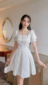 Graduation Dress for Women with Puff Sleeve and Elegant Buttons -Short sleeve Formalwear
