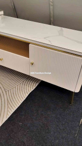 (FREE Installation+Shipping) KBS Bavani TV Cabinet / White High Glossy /  Light Luxury / Ceramic Stone Top / Stainless Steel Leg / 3D Texture /  Large Storage / L200 x W40 x H50 cm