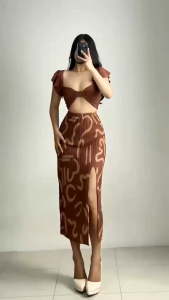 ALLIYAH COMBI TERNO SLITSKORT Fit Semilarge Frame Fabric Bark Crepe