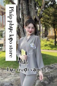 Pháp phục đi chùa THUKEO mẫu vạt chéo tay dài chất liệu lụa trượt cao cấp mặc 4 mùa thanh lịch