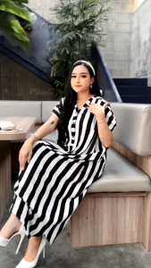 Daster Lady Viral Bahan Rayon Busui Friendly / Home Dress Motif Salur Kekinian