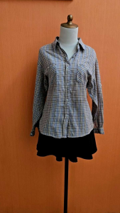 atasan kemeja wanita cream motif kotak coklat FINCH cewek L lengan panjang