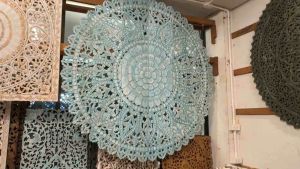 แผ่นไม้แกะสลัก 6 ชิ้น สีขัดขาวฟ้า แผ่นไม้ติดผนัง ลายดอกไม้ 180x180x1.5cm ไม้แกะสลัก ไม้สัก 6pcs Rustic Round Mandala Wood Carved Panel Blue Whitewash