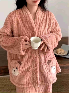 Piyama wanita kancing bulu tebal - Baju tidur polos import korean
