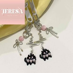 【TERESA】A235 Rantai Kunci Kucing Hitam Sweet & Cool | Sweet & Cool Black Cat Electrocardiogram Beaded Keychain | 甜酷黑猫少女心串珠钥匙扣