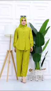 Setelan Kemeja Blouse Wanita Bahan Polo Linen Premium / Oneset Polo Linen Polos