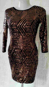 9997 เดรสปักเลื่อม ลายสีน้ำตาลทอง ปักบนผ้าตาข่าย ซับในผ้ายืดเนื้อนิ่ม Size S (34-26-38")