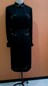 midi dress wanita hitam garis MIGNON cewek S M lengan panjang MEWAH