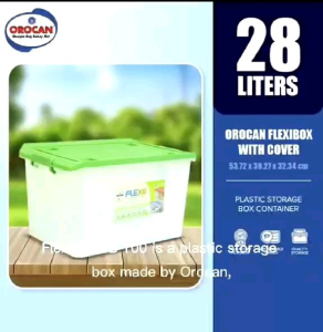 Orocan Flexibox with Cover 28 Liters Plastic Storage Box Container. White with green lid. Dimensions 53.7 x 39.27 x 23.24 cm. Suitable for storage and organization.